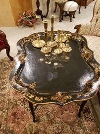 Papier Mache 19th Century tray fitted to a base/stand.  Tray has sustained some water damage (light color half-moon marks)