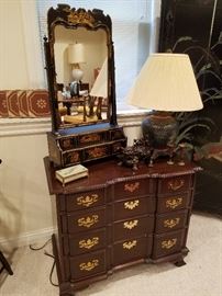 Chinoiserie decorated shaving mirror, Lamp and other items on a 4 drawer chest