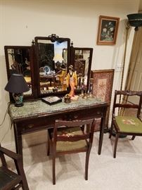 Dressing table with triple mirror with tag in drawer stating made by Nelson Matter, Grand Rapids.  Rare to find a piece of Nelson Matter furniture.