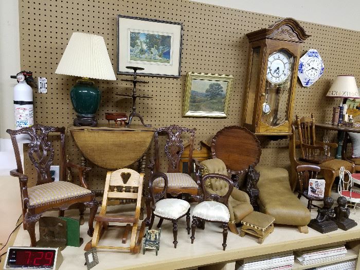 Child and/or doll size furniture.  Clock is Howard Miller