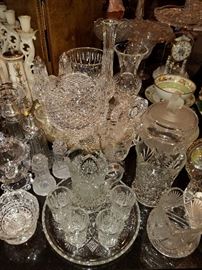 Waterford (back grouping) and pressed glass including toy pitcher and tumblers on tray