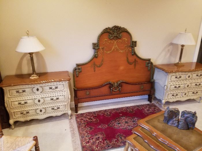 Ca. 1920 bed frame (headboard, footboard and side rails [not shown]), and pair of 3 drawer chests by Brandt