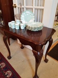 Cabriole leg side table displaying a Heisey glass basket (tiny chip to rim) and a Royal Crown Derby dessert set