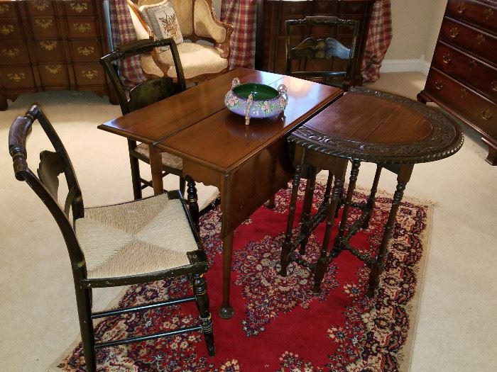 Two assorted dropleaf tables with Hitchcock chairs