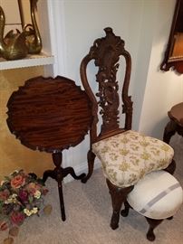 Mahogany tilt-top stand, carved side chair, etc.