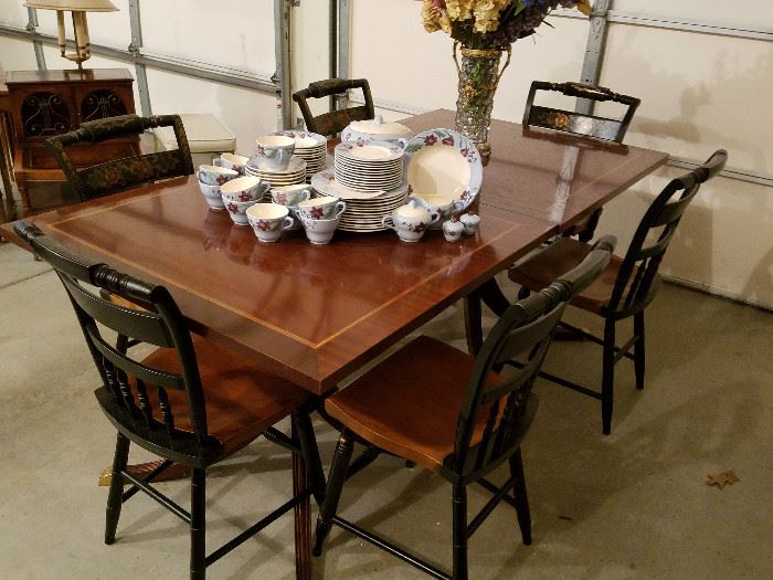 Two matching square tables displayed together, along with a set of 6 Hitchcock chairs