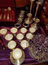 Lenox cups in sterling holders (10), Sterling base "Rosepoint" bowl, Sterling candlesticks, vases, salt dips and clothes brush (Art Nouveau)