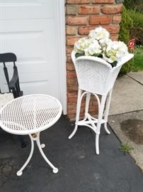Wicker planter and white metal small table