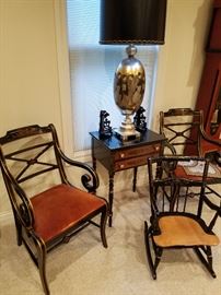 Drexel arm chairs, Hitchcock stand, Child's rocker