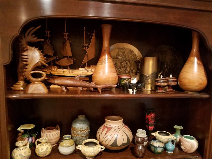 Carved wood, and pottery items