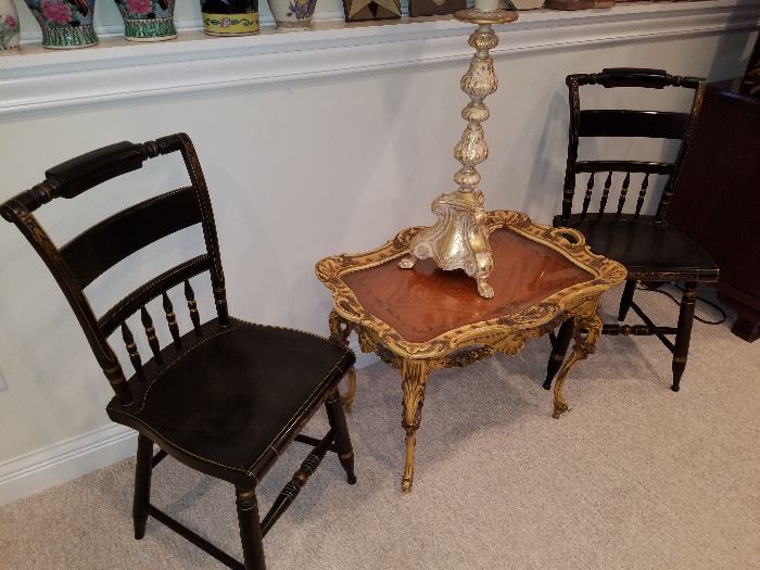 Pair of signed Hitchcock chairs, Tray table, Heavy ornate lamp (shade not shown)
