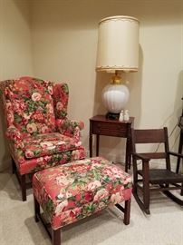 Floral wingback and ottoman, two-drawer stand, Youth size rocker