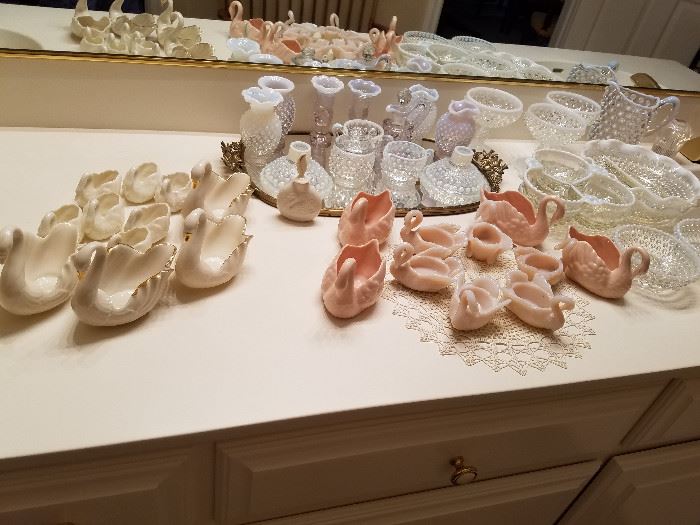 Swans (Lenox, glass, etc.) and opalescent glass collection