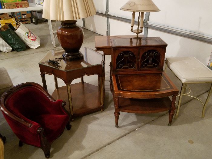 Burgundy upholstered child or doll chair, and other cool furniture