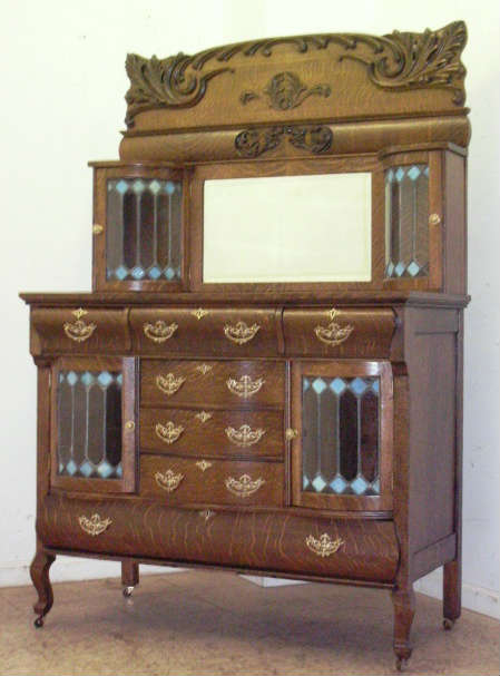 LOT 501, TIGER OAK  LEADED GLASS SERVER , ca 1900, 74T, 48W, 24D