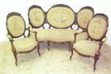 LOT 525, 3 PC VICT. ROSE CARVED PARLOR SET w/ ORG PETIT POINT FABRIC