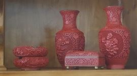 Carved Cinnabar on Blue Enamel. Ashtrays have rare green enamel.