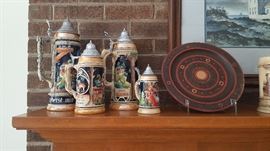 West German Majolica & Pewter Tankards, Swedish Allmoge carved plate