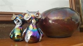 Vintage Iridescent Owls Pair