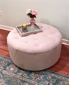 Ottoman. Light Beige with Light green/blue buttons. 3 feet wide and 18 inches tall.