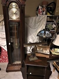 Vintage wood magazine racks, Grandfather Clock and Brass Harp Desk Lamp
