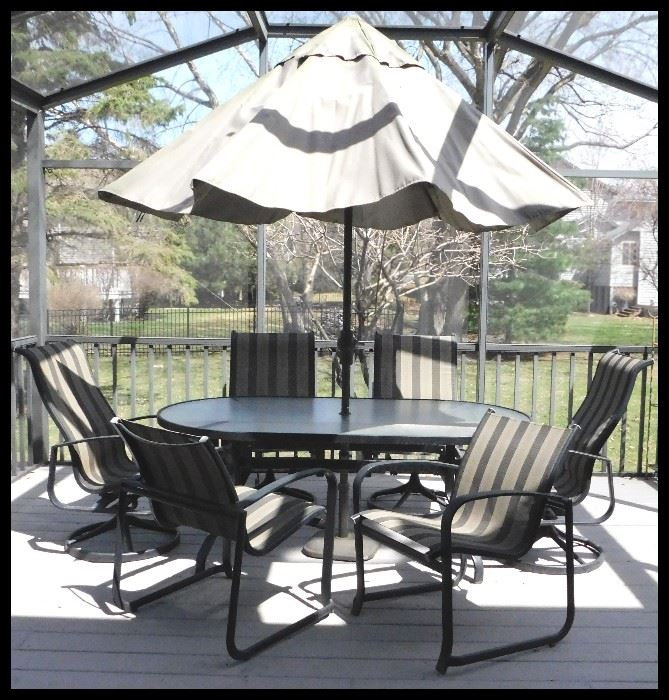 It's time for Family and Friends on the Deck with these patio table, six chairs and umbrella ! Quality made.  We also have a new set of sling seats for these.