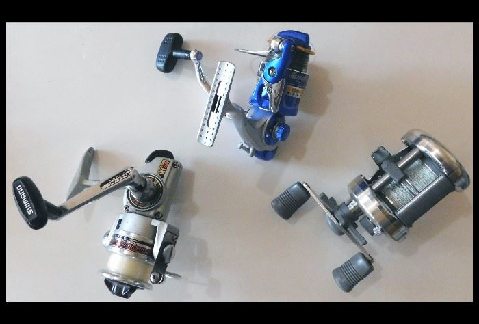 Fishing Reels. Pictured here are the Shimano ML20, Emerald 850 and the Shimono Corsair.