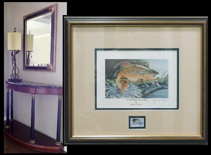 Hall Table with Mirror and Lamp. Plus sample of the collection of Fishing Artwork. Pictured is a winning Trout Stamp print signed by James R Fliger.