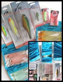 Many, many Lures and necessities including PK Lures, Black Rock Tackle, Brookside Flies, Swimbaits, Flutter Fish, Beadtail, Jigs and more.