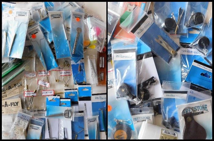 Lots o' Fishing tools and supplies including hackle pliers, floss bobbins, supreme whip finishers and so much more.