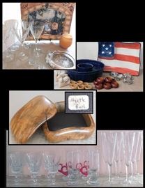 Glassware - some crystal, dining items, collectibles and a finely handcrafted Myrtle Burl Box.