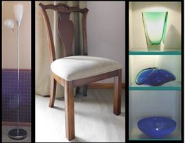 Pole lamp, vintage chair and sample of colored glass.