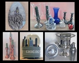 Porcelain Candleholders, Champagne Cooler, Cocktail Shaker, Spit Rock Lighthouse Stone and a Music Box that plays "Chicago, Chicago, that toddlin' town..."