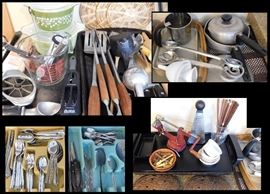 Sampling of Kitchen Gadgets, Flatware, Pots, Pans and a really groovy Apple Parer machine.