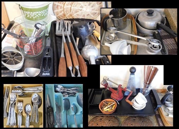 Sampling of Kitchen Gadgets, Flatware, Pots, Pans and a really groovy Apple Parer machine.