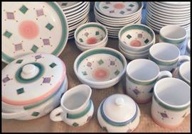 Caleca pottery Belvedere pattern, forty-eight pieces, covered casserole, cream/sugar, cups, bowls and more.