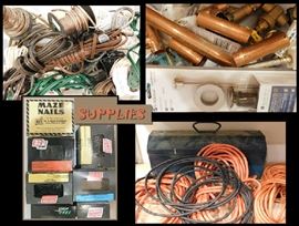 Tools and supplies including extension cords, copper, nails and Giller Tool Company tool box.