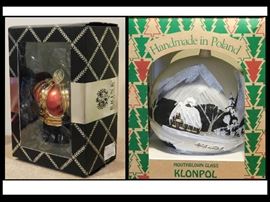 Brink Nordic Danish Design Handblown and Painted Crown Ornament and Klonpol 20 inch diameter Mouth Blown ornament from Poland.