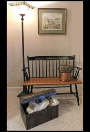 Country Style painted bench with charming fishing village design plus copper pot, Tiffany style floor lamp and chest.
