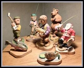 Whimsical Handcrafted Sculptures with Golf and Fishing Theme created by Paul's Father. Paul's dad is a remarkable wood carver and artist. These are some of the best chip carved pieces we have seen.