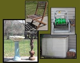 Birdbath Restoration project, folding chair, hose reel, storage bin and Cherub Standing on Grape Vessel Holding Shell Bird Bath