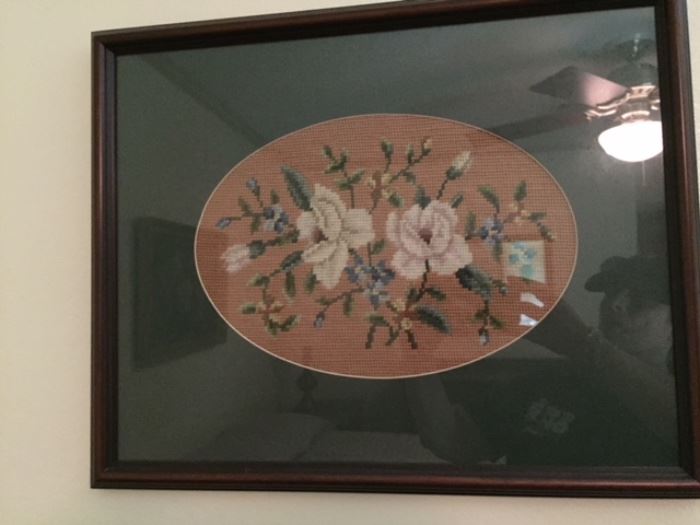 framed needlepoint magnolias