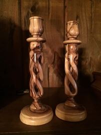 pair olive wood candlesticks