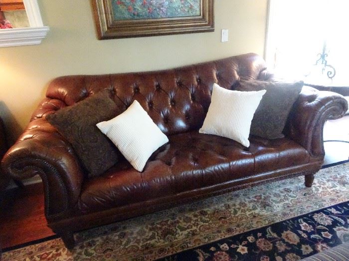 Tufted Leather Brown Sofa - 88"W X 38"D X 38"H