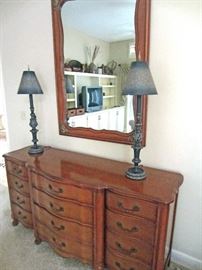 Country French triple dresser and mirror with very interesting boudoir lamps 