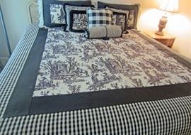 Custom made Toile bedding ensemble on king  bed