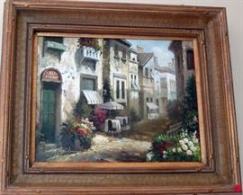 European street scene with table, two chairs, umbrella (original cost $350)