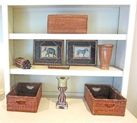 Decorative prints, baskets, and ceramics in detail