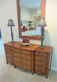 Country French triple dresser with very large mirror and boudoir lamps