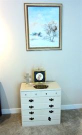 Ethan Allen small white chest and winter scene oil painting